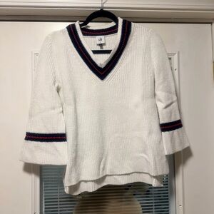 CAbi White V-Neck Sweater with Navy and Red Stripes
